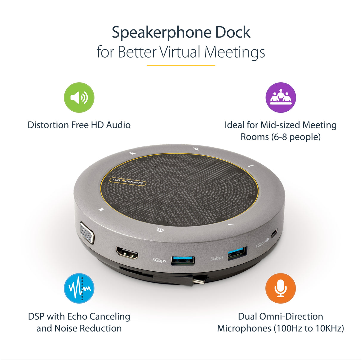 StarTech.com USB-C Speakerphone Docking Station, Mini Portable Conference Speaker and Audio Dock, USB-C to VGA/4K HDMI, 2x USB-A Hub, Mic/Speaker, Teams/Zoom/Softphone Speakerphone