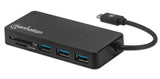 Manhattan USB-C Dock/Hub with Card Reader, Ports (x3): USB-A (x3), 5 Gbps (USB 3.2 Gen1 aka USB 3.0), External Power Supply Not Needed, SuperSpeed USB, Black, Three Year Warranty, Retail Box