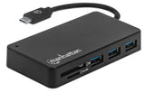 Manhattan USB-C Dock/Hub with Card Reader, Ports (x3): USB-A (x3), 5 Gbps (USB 3.2 Gen1 aka USB 3.0), External Power Supply Not Needed, SuperSpeed USB, Black, Three Year Warranty, Retail Box