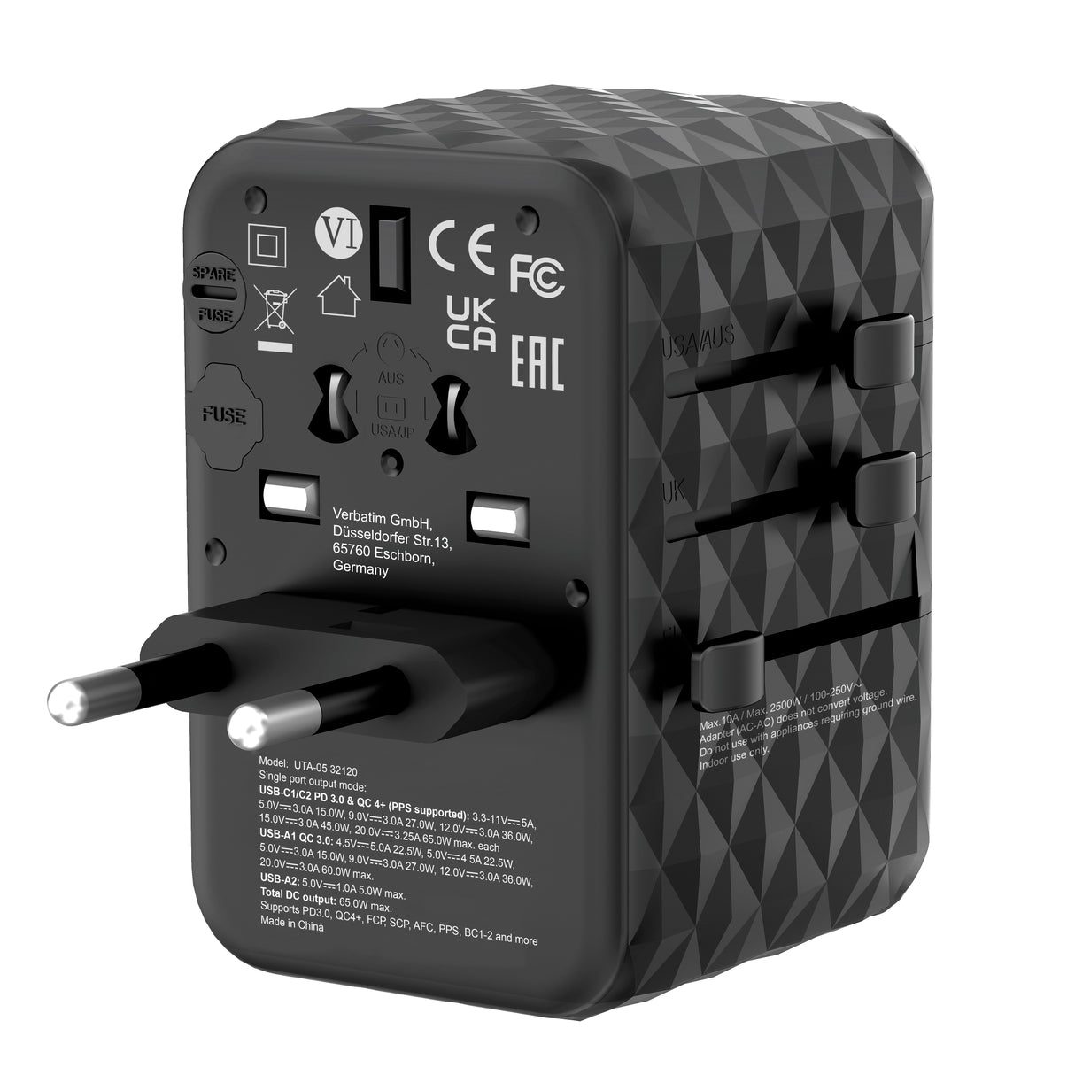 Verbatim UTA-05 65W GaN III Universal Travel Adapter with 2 x USB-C PD & QC 4+ & 2 x USB-A ports