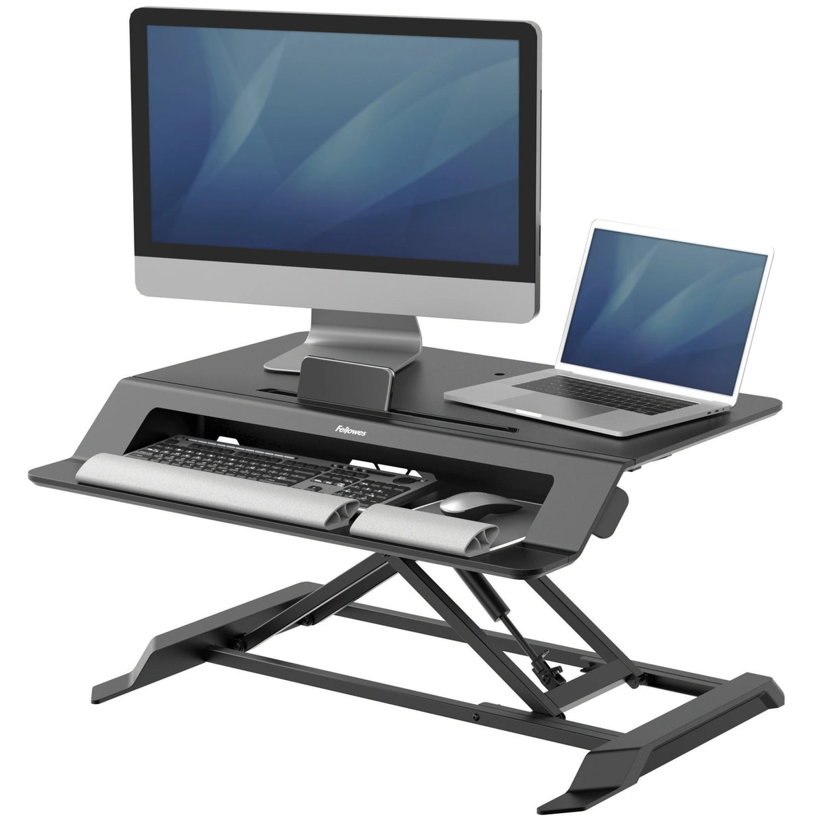 Fellowes Sit Stand Desk Riser - Lotus LT Height Adjustable Sit Stand Desk Converter with Convenient Device Channel - No Assembly Required - Max Weight 17KG - Black