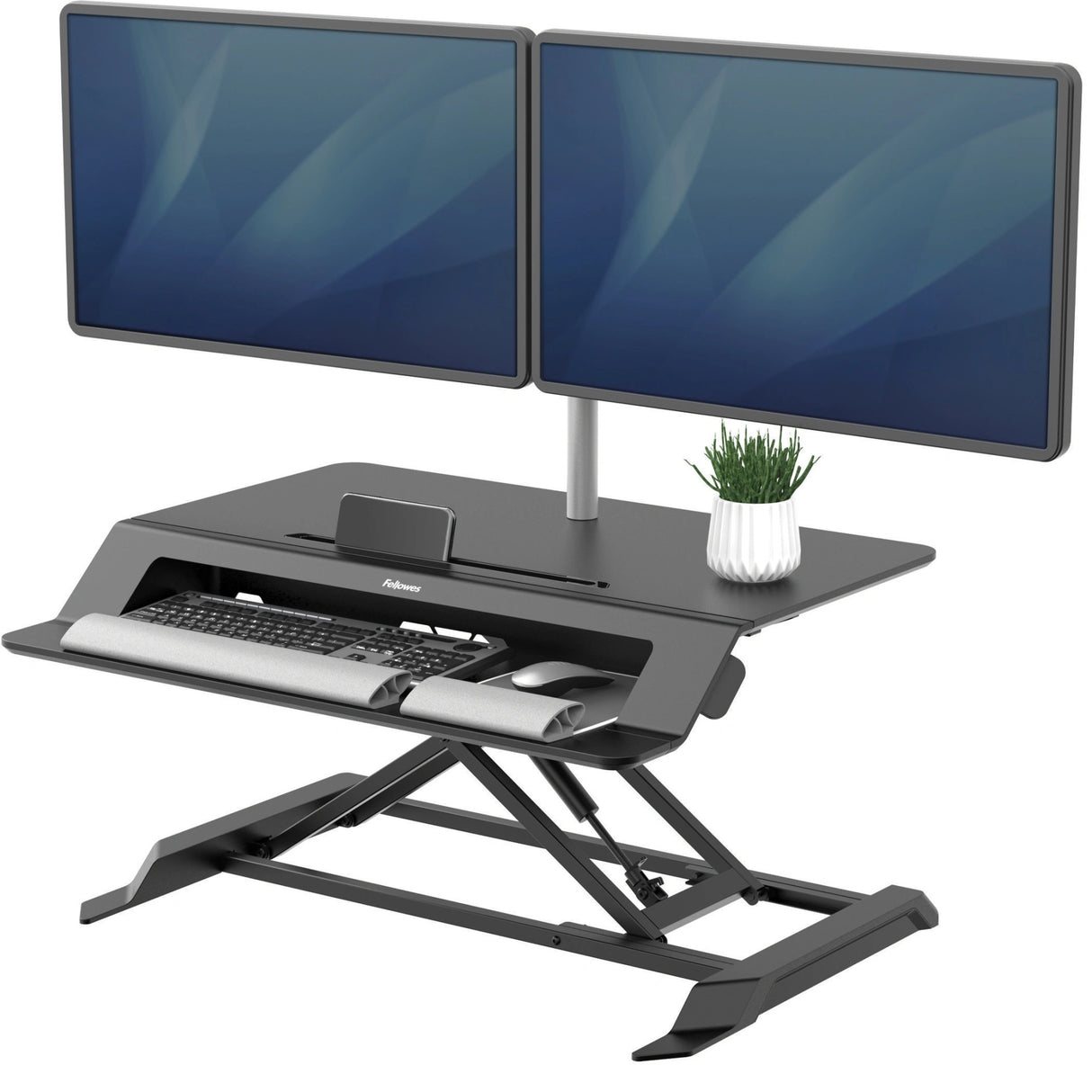 Fellowes Sit Stand Desk Riser - Lotus LT Height Adjustable Sit Stand Desk Converter with Convenient Device Channel - No Assembly Required - Max Weight 17KG - Black