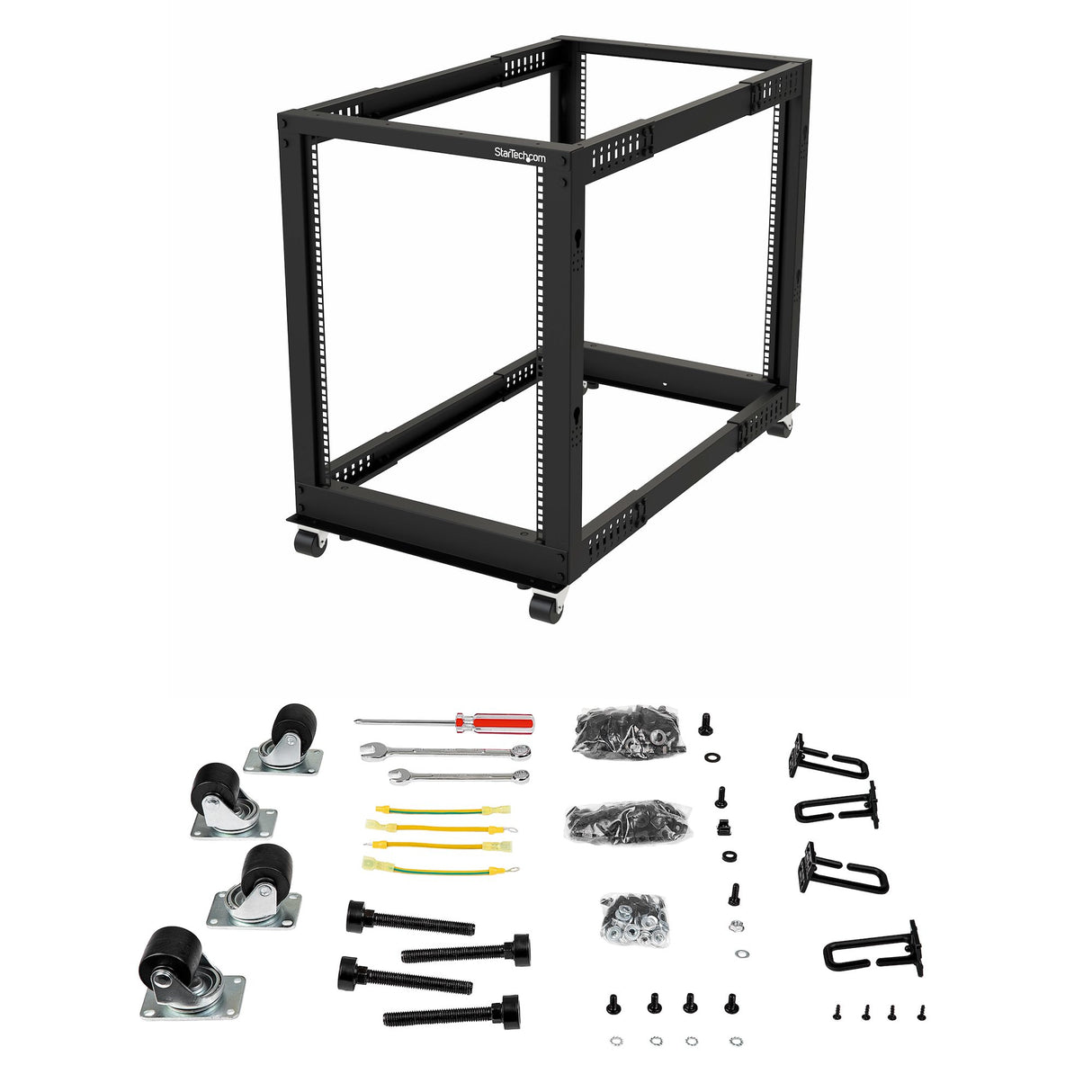 StarTech.com 4-Post 15U Mobile Open Frame Server Rack, Four Post 19" Network Rack with Wheels, Rolling Rack with Adjustable Depth for Computer/AV/Data/IT Equipment - Casters, Leveling Feet or Floor Mounting