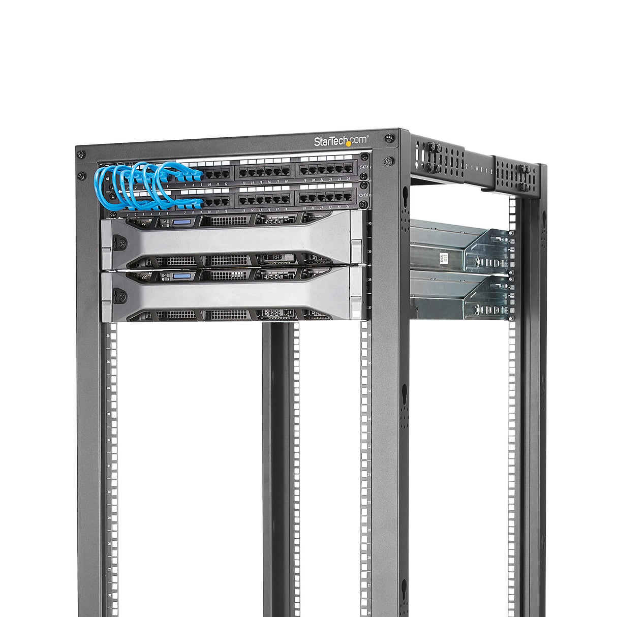 StarTech.com 4-Post 18U Mobile Open Frame Server Rack, Four Post 19" Network Rack with Wheels, Rolling Rack with Adjustable Depth for Computer/AV/Data/IT Equipment - Casters, Leveling Feet or Floor Mounting