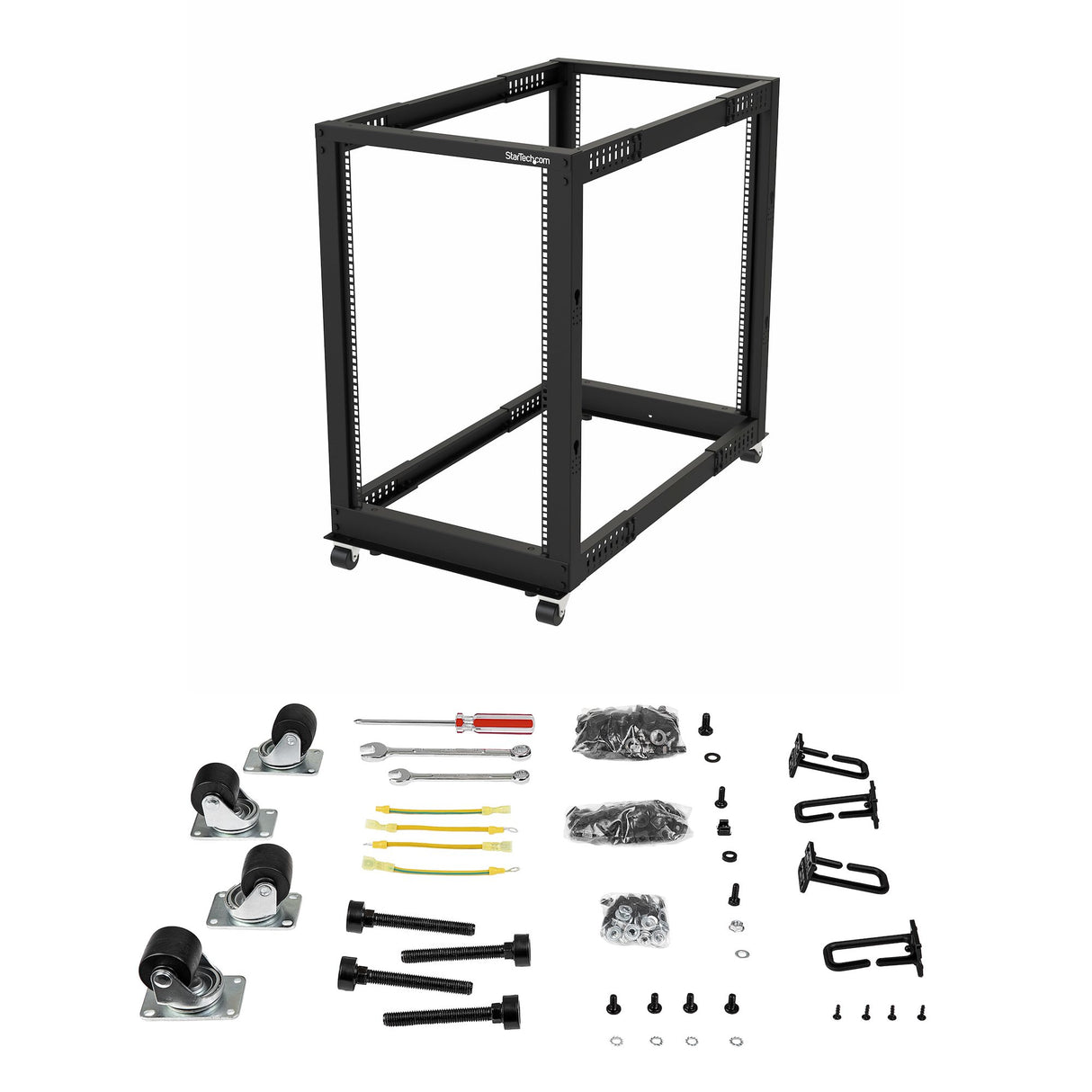 StarTech.com 4-Post 18U Mobile Open Frame Server Rack, Four Post 19" Network Rack with Wheels, Rolling Rack with Adjustable Depth for Computer/AV/Data/IT Equipment - Casters, Leveling Feet or Floor Mounting