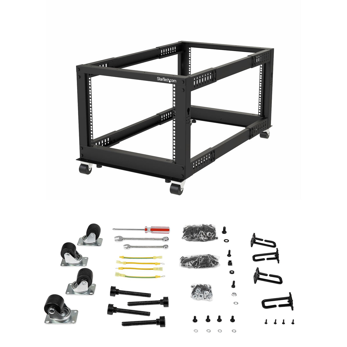 StarTech.com 4-Post 8U Mobile Open Frame Server Rack, Four Post 19in Network Rack with Wheels, Small Rolling Rack with Adjustable Depth for Computer/AV/Data/IT Equipment - Casters, Leveling Feet or Floor Mounting