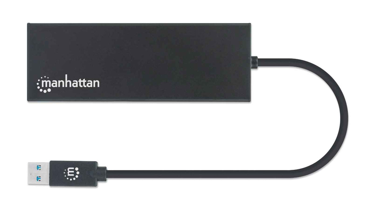 Manhattan USB-A Dock/Hub, Ports (x5): Ethernet, HDMI, USB-A (x2) and VGA, Micro-USB Power Input Port (Optional, only when additional power needed. Not required for dual monitor functionality. Cable not included), Aluminium, Black, Three Year Warranty, Ret