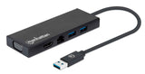 Manhattan USB-A Dock/Hub, Ports (x5): Ethernet, HDMI, USB-A (x2) and VGA, Micro-USB Power Input Port (Optional, only when additional power needed. Not required for dual monitor functionality. Cable not included), Aluminium, Black, Three Year Warranty, Ret