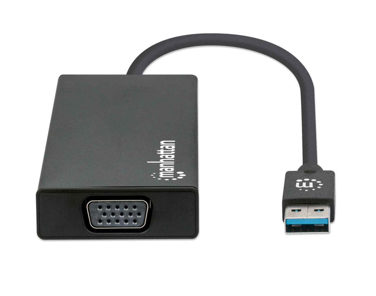 Manhattan USB-A Dock/Hub, Ports (x5): Ethernet, HDMI, USB-A (x2) and VGA, Micro-USB Power Input Port (Optional, only when additional power needed. Not required for dual monitor functionality. Cable not included), Aluminium, Black, Three Year Warranty, Ret