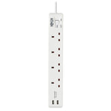 Tripp Lite PS4B18USBW 4-Outlet Power Strip with USB-A Charging - BS1363A Outlets, 220-250V, 13A, 1.8 m Cord, BS1363A Plug, White