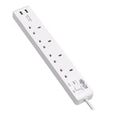 Tripp Lite PS4B18USBW 4-Outlet Power Strip with USB-A Charging - BS1363A Outlets, 220-250V, 13A, 1.8 m Cord, BS1363A Plug, White