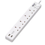 Tripp Lite PS4B18USBW 4-Outlet Power Strip with USB-A Charging - BS1363A Outlets, 220-250V, 13A, 1.8 m Cord, BS1363A Plug, White