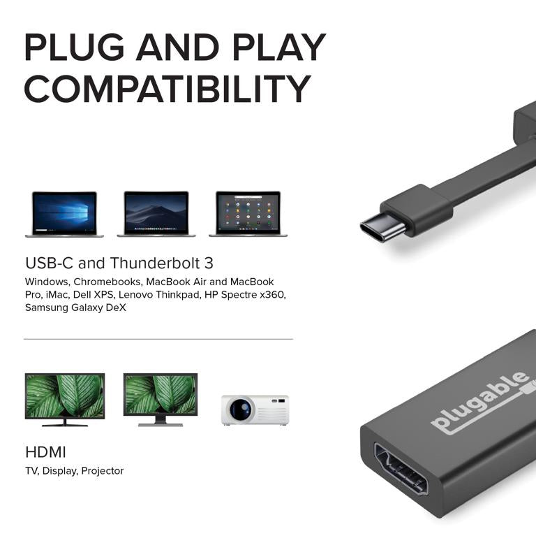 Plugable Technologies USB C to HDMI Adapter 4K 30Hz, Thunderbolt 3 to HDMI Adapter Compatible with MacBook Pro, Windows, Chromebooks, 2018+ iPad Pro, Dell XPS, Thunderbolt 3 Ports and more - Driverless