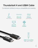 Plugable Technologies Thunderbolt 4 Cable [Thunderbolt Certified] 3.3ft USB4 Cable with 100W Charging, Single 8K or Dual 4K Displays, 40Gbps Data Transfer, Compatible with Thunderbolt, USB4, USB-C - Driverless