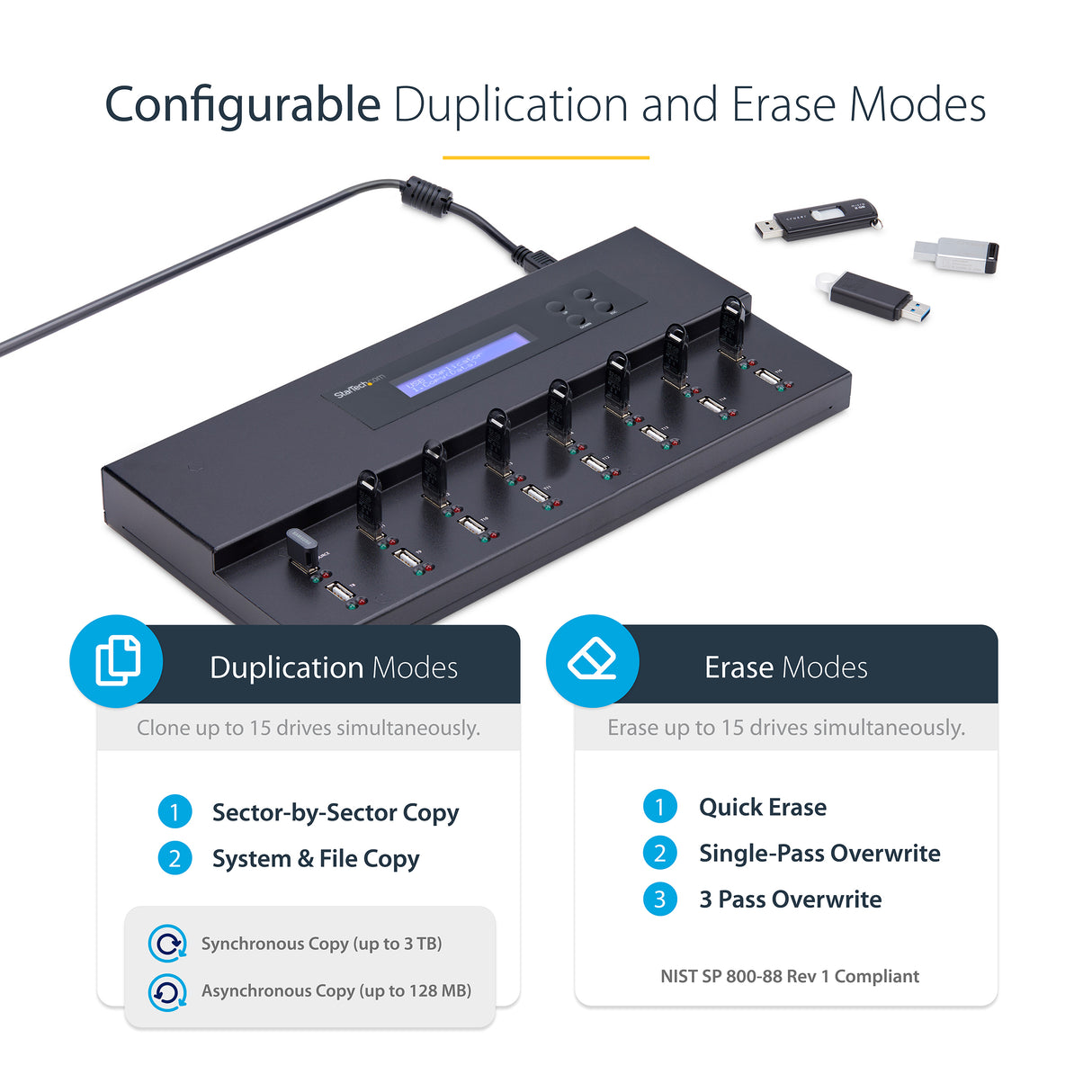 StarTech.com Standalone 1 to 15 USB Thumb Drive Duplicator and Eraser, Multiple USB Flash Drive Copier, System and File and Whole-Drive Copy at 1.5 GB/min, Single and 3-Pass Erase, LCD Display