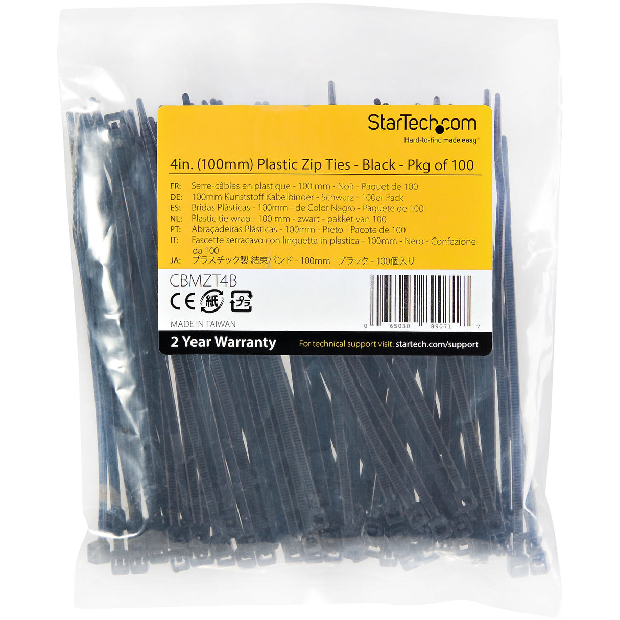 StarTech.com 4"(10cm) Cable Ties - 1/16"(2mm) wide, 7/8"(22mm) Bundle Diameter, 18lb(8kg) Tensile Strength, Nylon Self Locking Zip Ties with Curved Tip - 94V-2/UL Listed, 100 Pack - Black