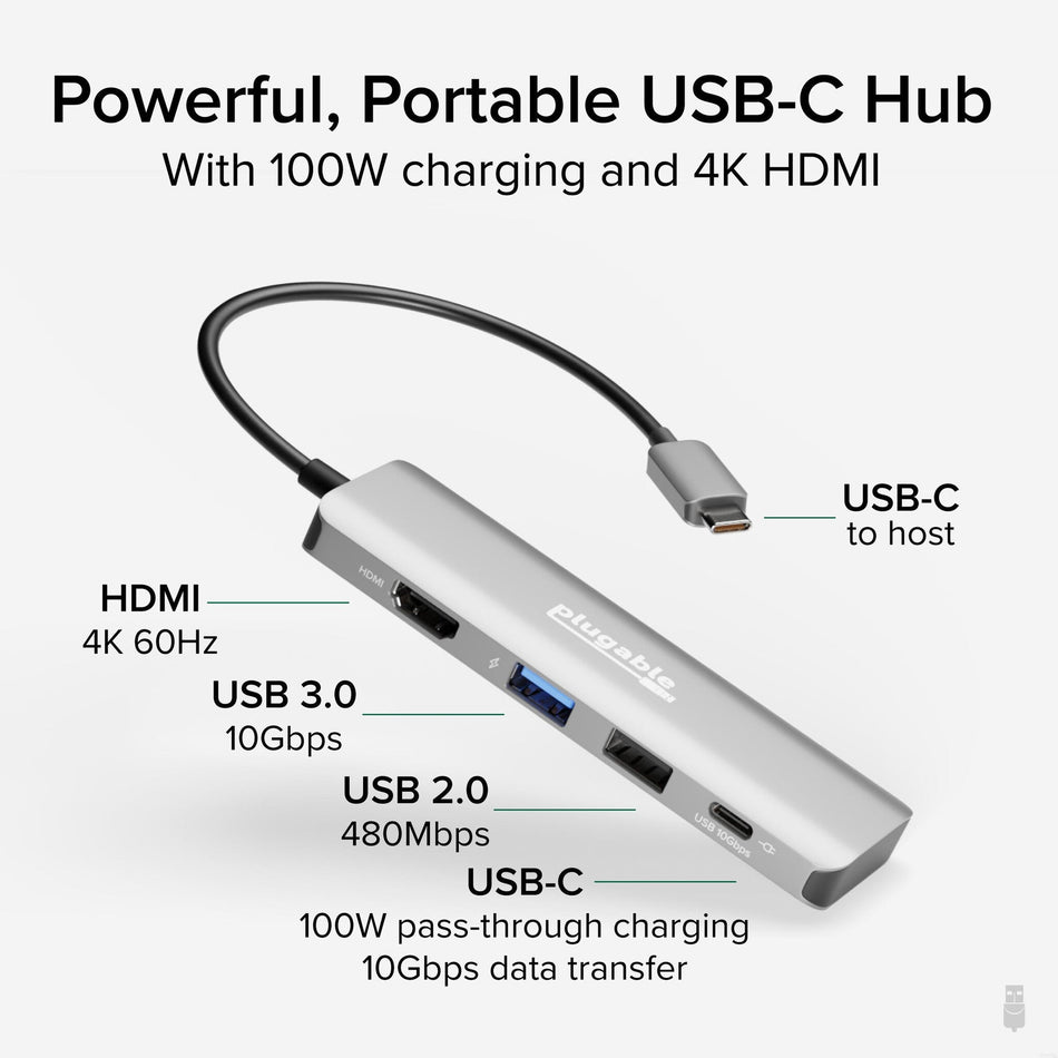 Plugable Technologies USB C Hub Multiport Adapter, 4 in 1, 100W Pass Through Charging, USB C to HDMI 4K 60Hz, Multi USB Port Hub for Windows, Mac, Ipad Pro, Chromebook, Thunderbolt (USBC-4IN1)