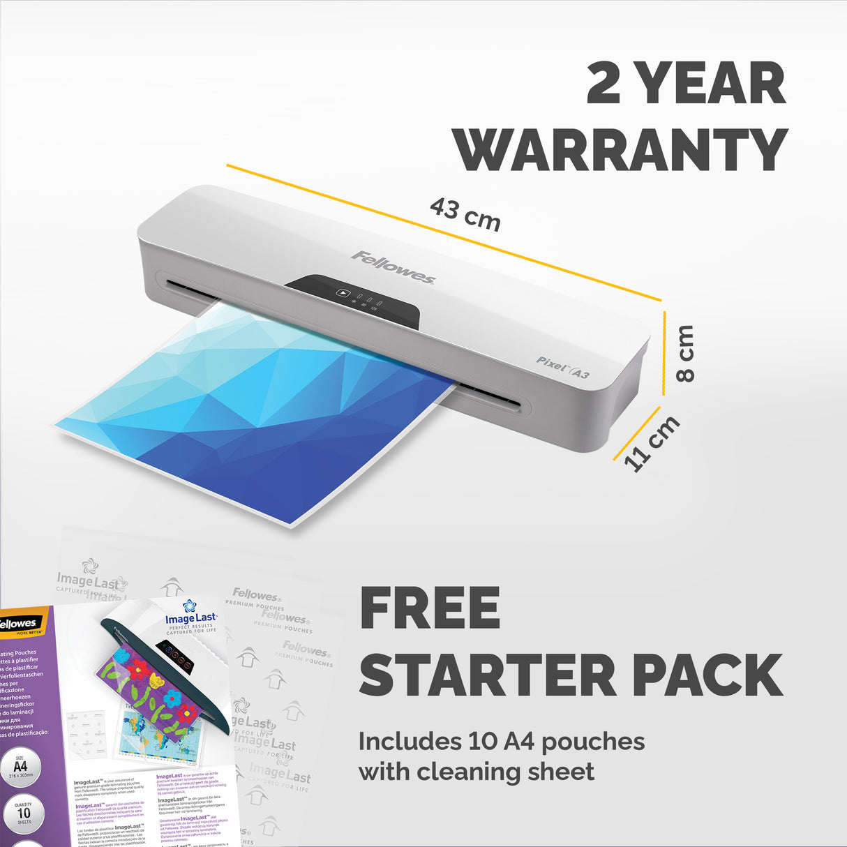 Fellowes A3 Laminator Machine Pixel A3 Laminating Machine 80 to 125 Micron 10 A4 Laminating Pouch Starter Pack Included