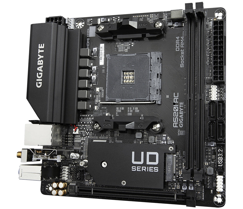 GIGABYTE A520I AC Motherboard - Supports AMD Ryzen 5000 Series AM4 CPUs, 6 Phases Digital VRM, up to 5300MHz DDR4 (OC), 1xPCIe 3.0 M.2, WIFI, GbE LAN, USB 3.2 Gen1