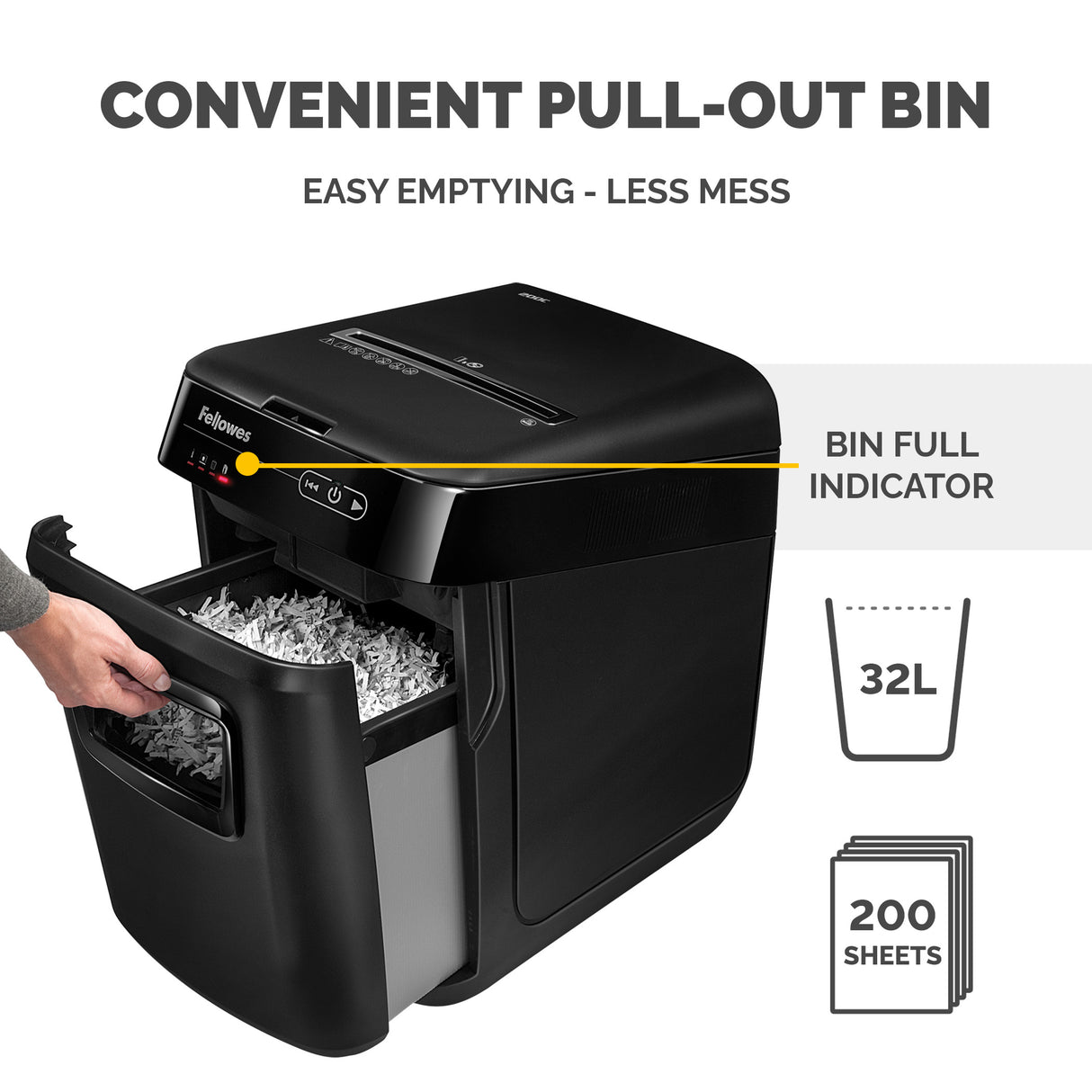 Fellowes Paper Shredder 200 Sheet Auto Feed Cross Cut Shredder AutoMax 200C Shredder with 32 Litre Bin High Security P4