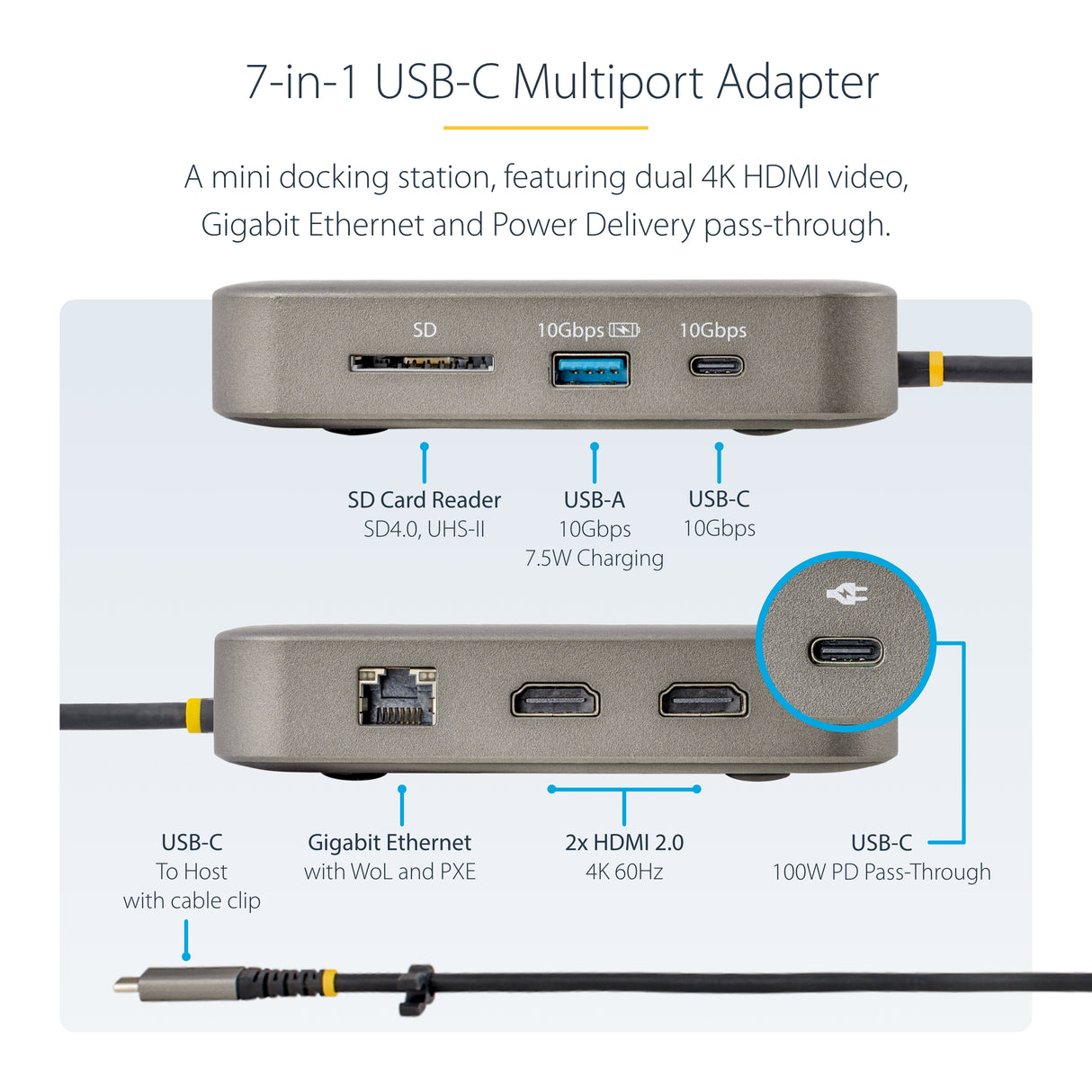 StarTech.com USB C Multiport Adapter, Dual 4K 60Hz HDMI 2.0b, HDR10, 2x 10Gbps USB Hub, 100W PD Pass-Through, GbE, SD, 14"/35cm Cable, Mini Dock, Laptop Docking Station, Win/Mac