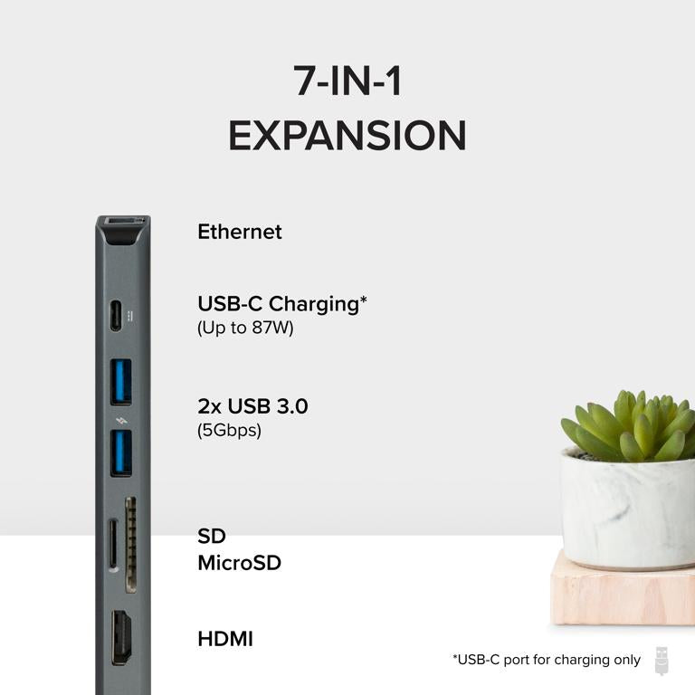 Plugable Technologies 7-in-1 USB C Hub Multiport Adapter with Ethernet Driverless Compatibility with Mac, Windows, iPhone 15, Chromebook, USB4, Thunderbolt, 100W Charging, Ethernet, 4K60Hz HDMI, 2X USB, SD/microSD