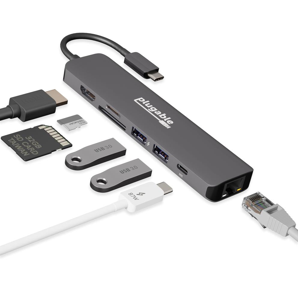 Plugable Technologies 7-in-1 USB C Hub Multiport Adapter with Ethernet Driverless Compatibility with Mac, Windows, iPhone 15, Chromebook, USB4, Thunderbolt, 100W Charging, Ethernet, 4K60Hz HDMI, 2X USB, SD/microSD