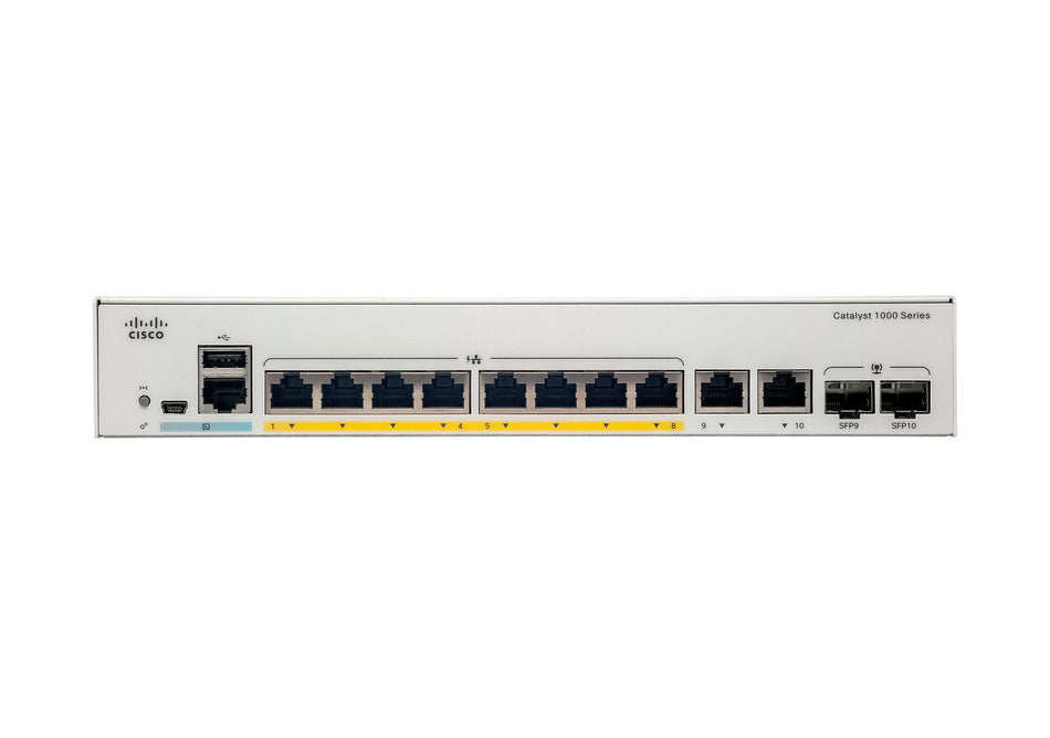 Cisco Catalyst 1000-8P-2G-L Network Switch, 8 Gigabit Ethernet (GbE) PoE+ Ports, 670W PoE Budget, two 1 G SFP/RJ-45 Combo Ports, Fanless Operation, Enhanced Limited Lifetime Warranty (C1000-8P-2G-L)