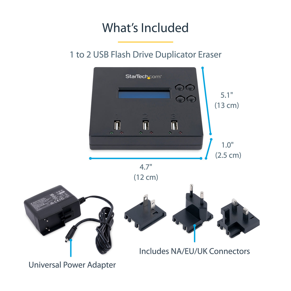 StarTech.com Standalone 1 to 2 USB Thumb Drive Duplicator and Eraser, Multiple USB Flash Drive Copier, System and File and Whole-Drive Copy at 1.5 GB/min, Single and 3-Pass Erase, LCD Display