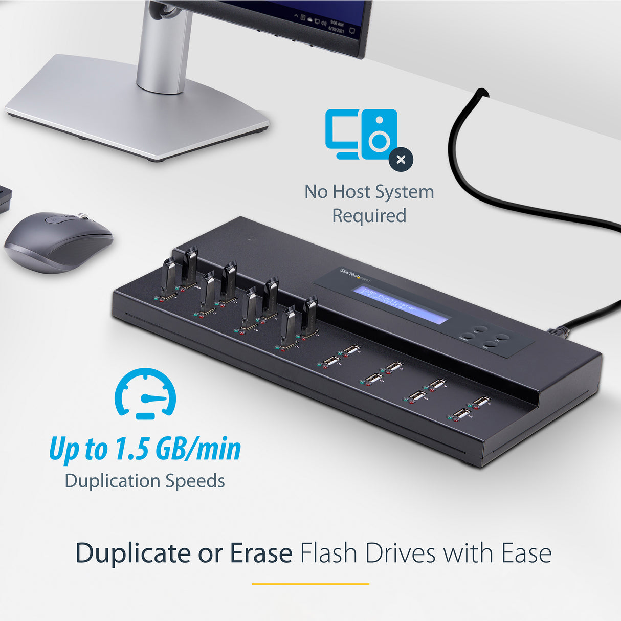 StarTech.com Standalone 1 to 15 USB Thumb Drive Duplicator and Eraser, Multiple USB Flash Drive Copier, System and File and Whole-Drive Copy at 1.5 GB/min, Single and 3-Pass Erase, LCD Display