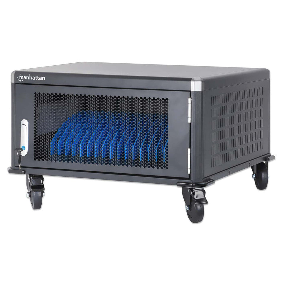 Manhattan Laptop Charging Cabinet Desktop via AC Adapter (UK) x20 Bay, Install device's AC Adapter (power cables) into unit, Suitable for ALL laptops (to 15.6"), iPads, MacBooks, Chromebooks, other portable devices, Bays 380x30x280mm, Cart, Lockable