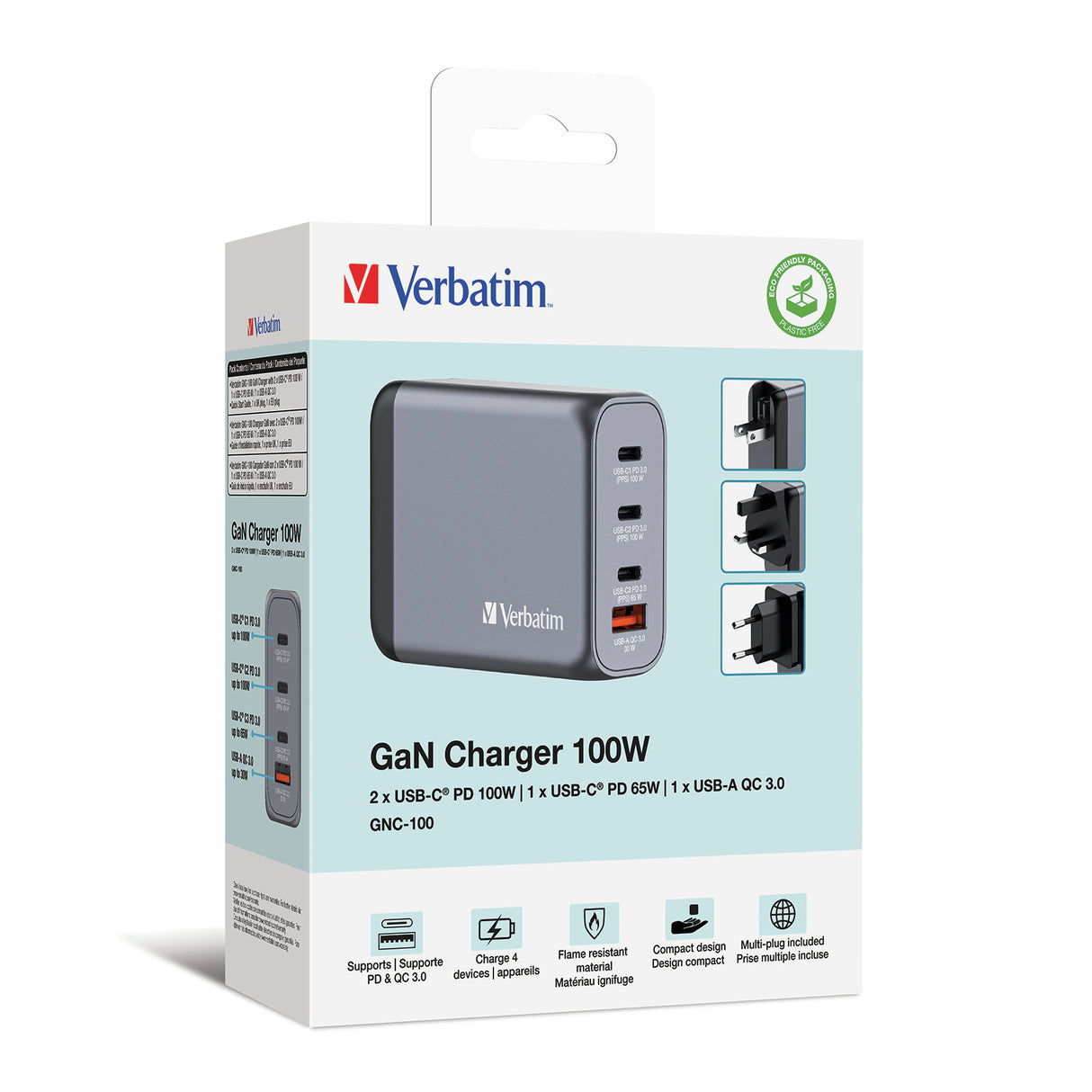 Verbatim GNC-100 GaN Charger 100W with 2 x USB-C PD 100W / 1 x USB-C PD 65W / 1 x USB-A QC 3.0 (EU/UK/US)