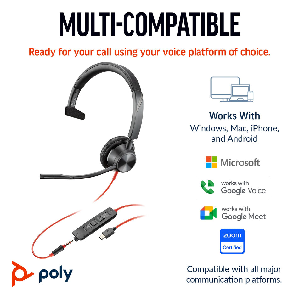 POLY Blackwire 3315 Monaural Microsoft Teams Certified USB-C Headset +3.5mm Plug +USB-C/A Adapter