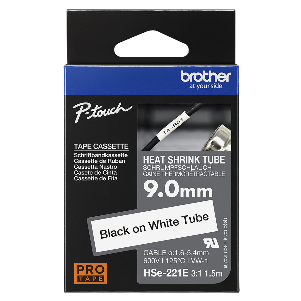 Brother HSE-221E Heat Shrink Tubes black on white 8,8mm x 1,5m for Brother P-Touch TZ 3.5-18mm HSE/24mm HSE/36mm HSE