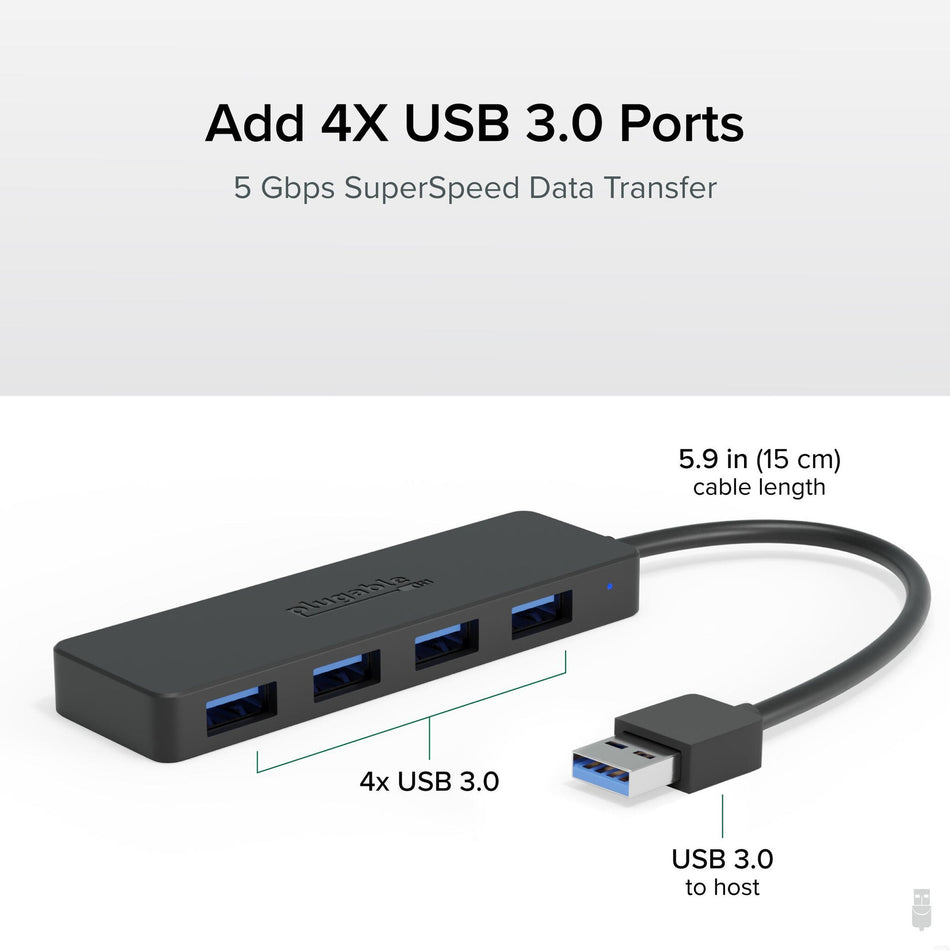 Plugable Technologies 4 Port USB Hub 3.0, USB Splitter for Laptop, Compatible with Windows, Surface Pro, PC, Chromebook, Linux, Android, Charging Not Supported