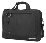 Manhattan Helsinki Eco Friendly Laptop Bag 14.1", Top Loader, Black, Padded Notebook Compartment, Front and Multiple Interior Pockets, Padded Handle, Trolley Strap, Recycled Materials, Black, Shoulder Strap (removable), Notebook Case, Three Year Warranty