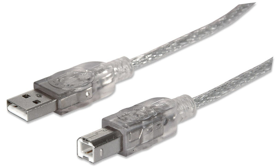 Manhattan USB-A to USB-B Cable, 3m, Male to Male, Translucent Silver, 480 Mbps (USB 2.0), Hi-Speed USB, Lifetime Warranty, Equivalent to USB2AA2M (except colour).
