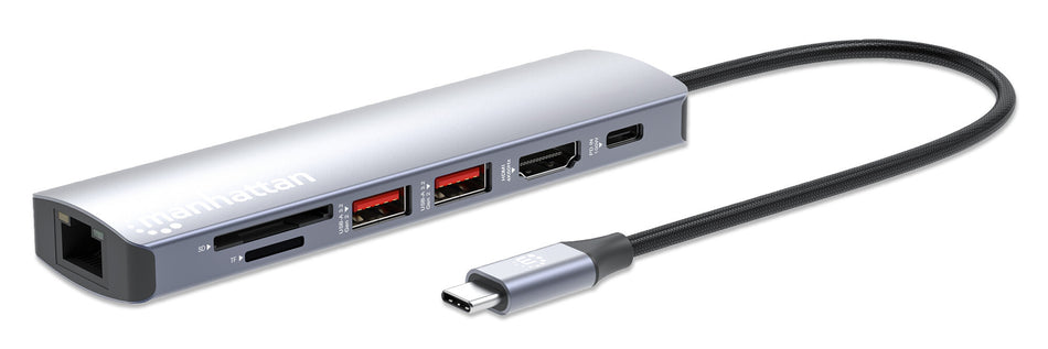 Manhattan USB-C Dock/Hub with Card Reader, Ports (x5): Ethernet, HDMI, USB-A (x2) and USB-C, With Power Delivery (100W) to USB-C Port (Note additional USB-C wall charger and USB-C cable needed), USB 3.2 Gen 1, All Ports can be used at the same time, Unive
