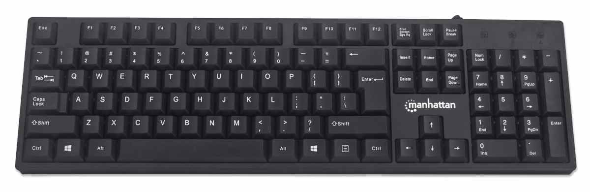 Manhattan Keyboard UK USB Wired, Standard Qwerty layout, Black, Full Size Keys, Cable 1.5m, USB-A connection, Plug and Play, Three Year Warranty, Retail Boxed