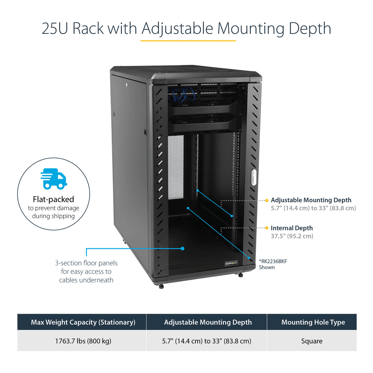 StarTech.com 4-Post 25U Server Rack Cabinet, Lockable 19" Data Rack Cabinet for Computer / AV / IT Equipment, Office / Home Network Rack with Casters & Adjustable Mounting Rails