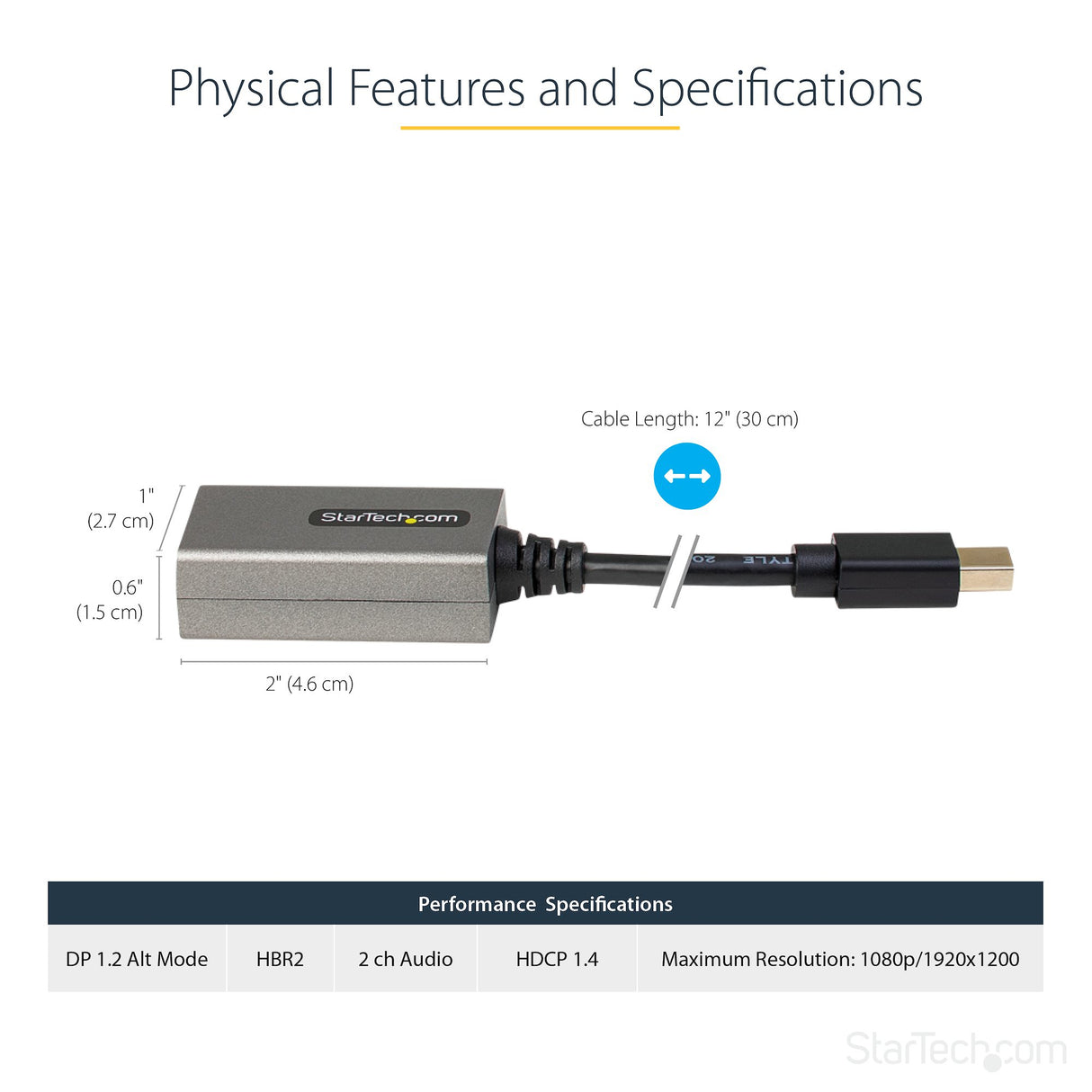 StarTech.com Mini DisplayPort to HDMI Adapter - mDP to HDMI Adapter Dongle - 1080p - Mini DisplayPort 1.2 to HDMI Monitor/Display - Mini DP to HDMI Video Converter - 12" Long Attached Cable - Upgraded Version of MDP2HDMI