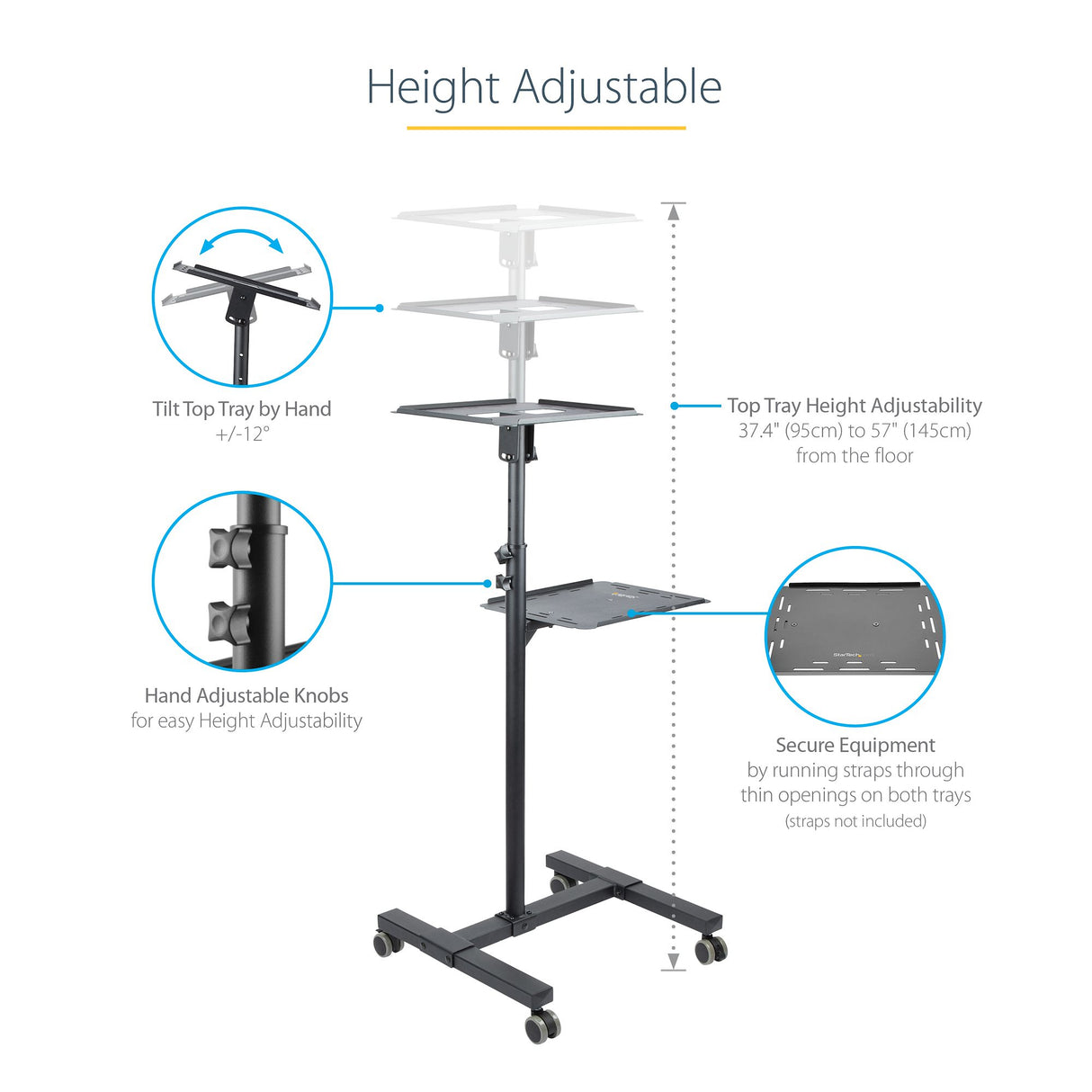 StarTech.com Mobile Projector and Laptop Stand/Cart - Heavy Duty Portable Projector Stand (2 Shelves, hold 22lb/10kg each) - Height Adjustable Rolling Presentation Cart w/Lockable Wheels