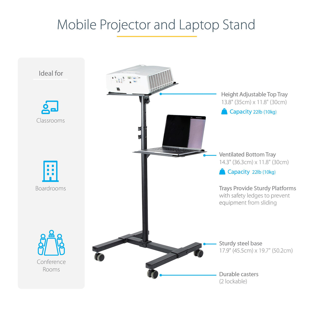 StarTech.com Mobile Projector and Laptop Stand/Cart - Heavy Duty Portable Projector Stand (2 Shelves, hold 22lb/10kg each) - Height Adjustable Rolling Presentation Cart w/Lockable Wheels