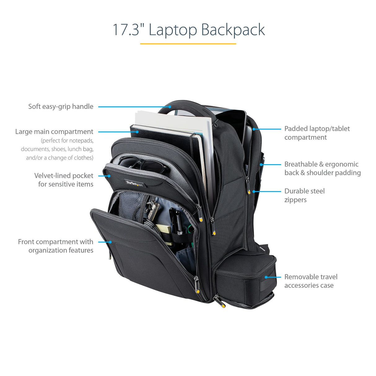 StarTech.com 17.3" Laptop Backpack with Removable Accessory Organizer Case - Professional IT Tech Backpack for Work/Travel/Commute - Ergonomic Computer Bag - Durable Ballistic Nylon - Notebook/Tablet Pockets