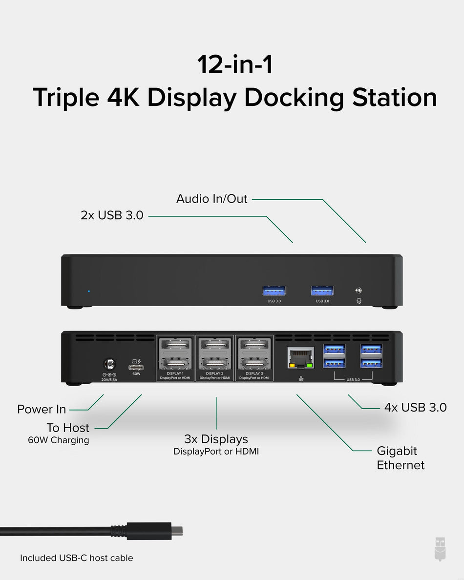 Plugable Technologies 12-in-1 USB C Triple Monitor Docking Station, Triple 4K Displays with 3x HDMI or 3x DisplayPort, Compatible with Mac, Windows, Thunderbolt, USB4, USB-C (60W PD, 6x USB Ports, Ethernet)