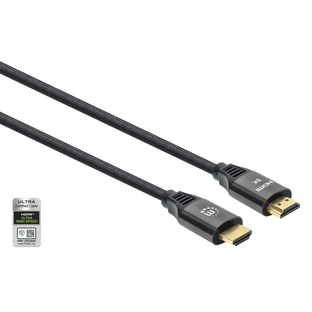 Manhattan HDMI Cable with Ethernet, 8K@60Hz (Ultra High Speed), 3m (Braided), Male to Male, Black, 4K@120Hz, Ultra HD 4k x 2k, Fully Shielded, Gold Plated Contacts, Lifetime Warranty, Polybag