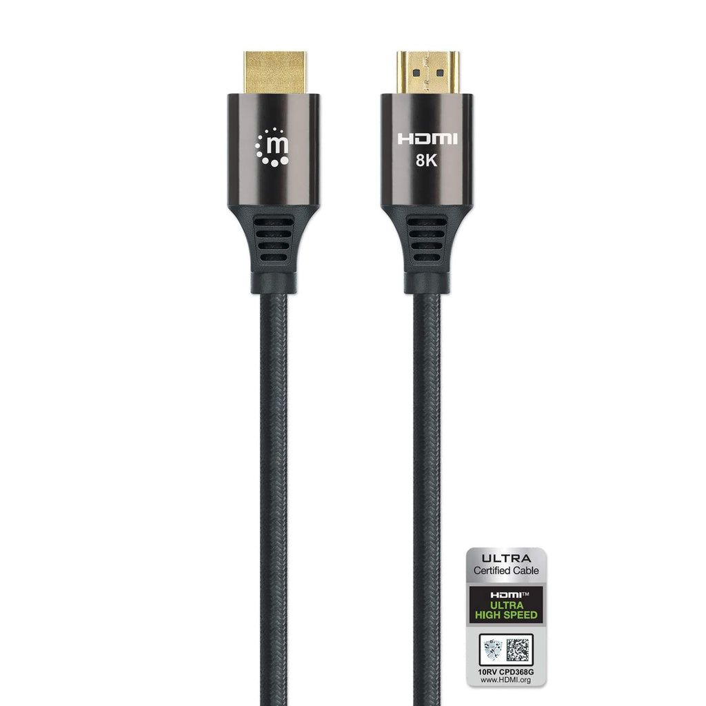 Manhattan HDMI Cable with Ethernet, 8K@60Hz (Ultra High Speed), 3m (Braided), Male to Male, Black, 4K@120Hz, Ultra HD 4k x 2k, Fully Shielded, Gold Plated Contacts, Lifetime Warranty, Polybag