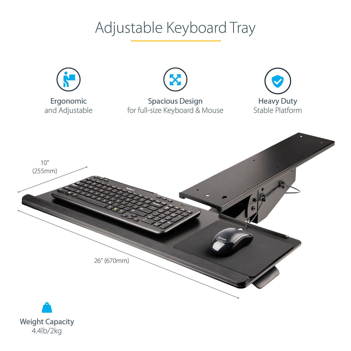 StarTech.com Under Desk Keyboard Tray - Full Motion & Height Adjustable Keyboard and Mouse Tray, 10"x26" Platform - Ergonomic Desk Mount Computer Keyboard Tray with Mouse Pad & Wrist Rest