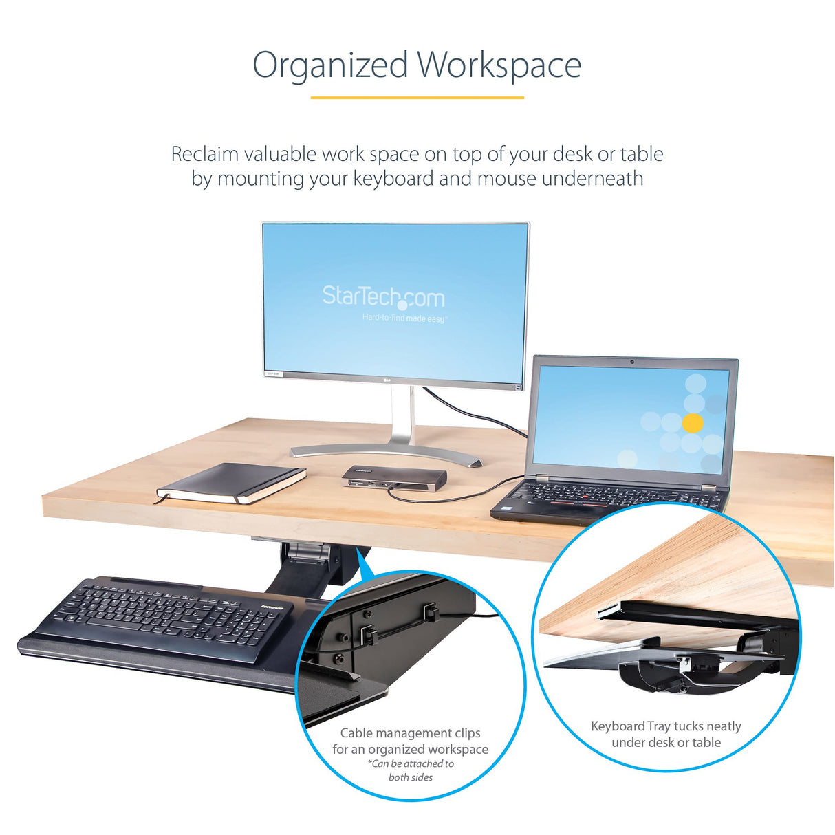 StarTech.com Under Desk Keyboard Tray - Full Motion & Height Adjustable Keyboard and Mouse Tray, 10"x26" Platform - Ergonomic Desk Mount Computer Keyboard Tray with Mouse Pad & Wrist Rest