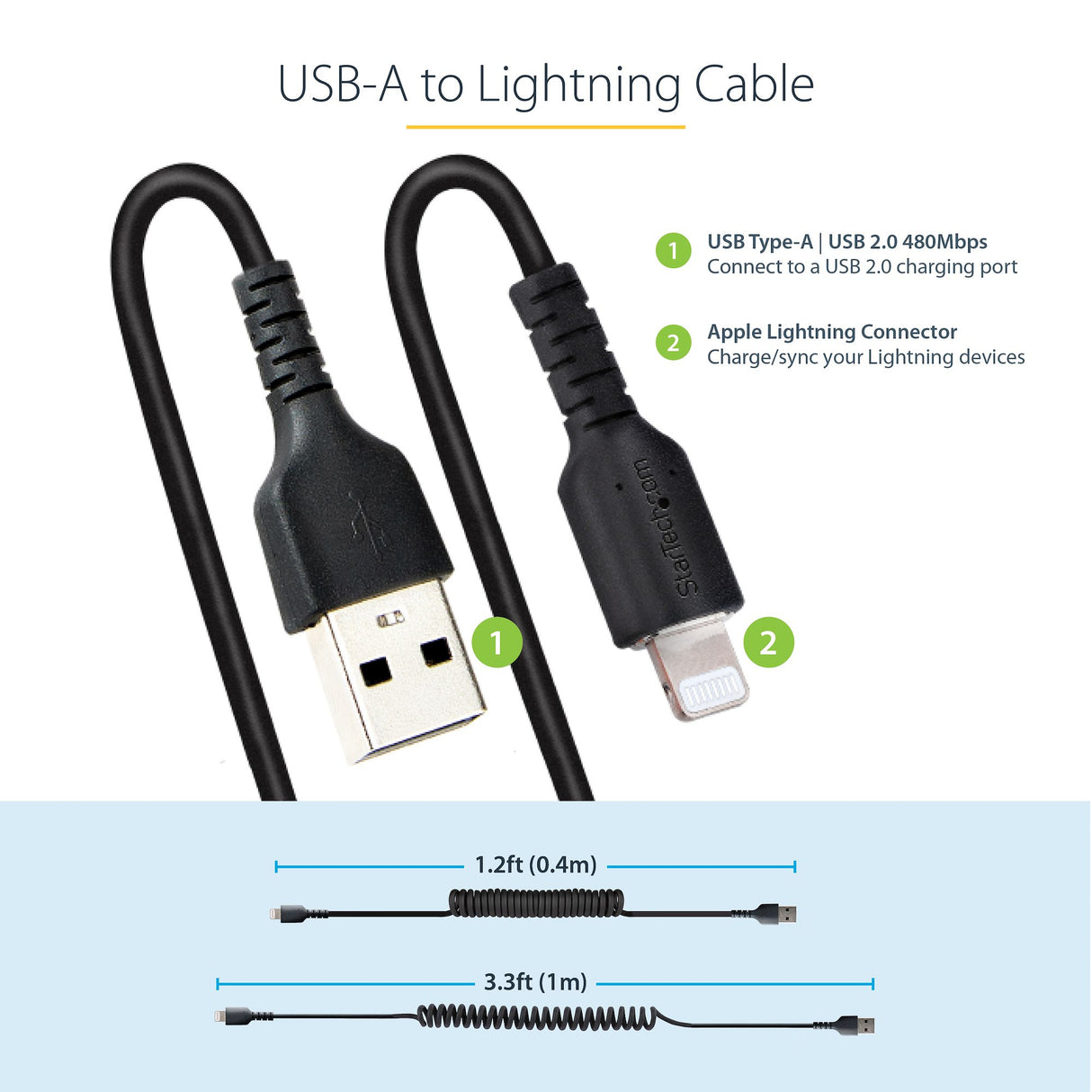 StarTech.com 1m (3ft) USB to Lightning Cable, MFi Certified, Coiled iPhone Charger Cable, Black, Durable TPE Jacket Aramid Fiber, Heavy Duty Coil Lightning Cable